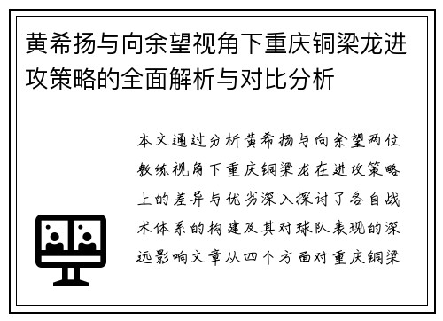 黄希扬与向余望视角下重庆铜梁龙进攻策略的全面解析与对比分析